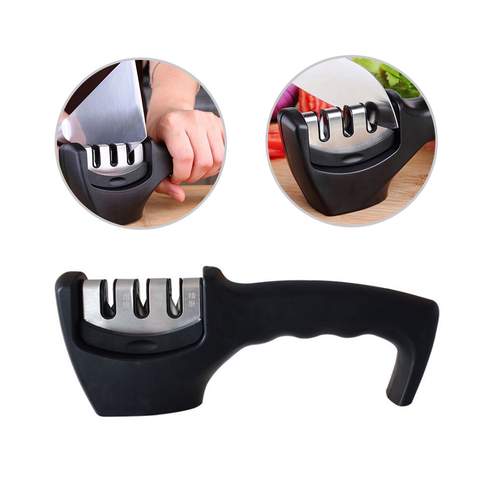 ღ 4 Segmen Pengasah Pisau Genggam Tiga Tujuan Hitam Batu Asah Cepat Mengasah Alat dengan-Slip Base Pisau Dapur Aksesoris