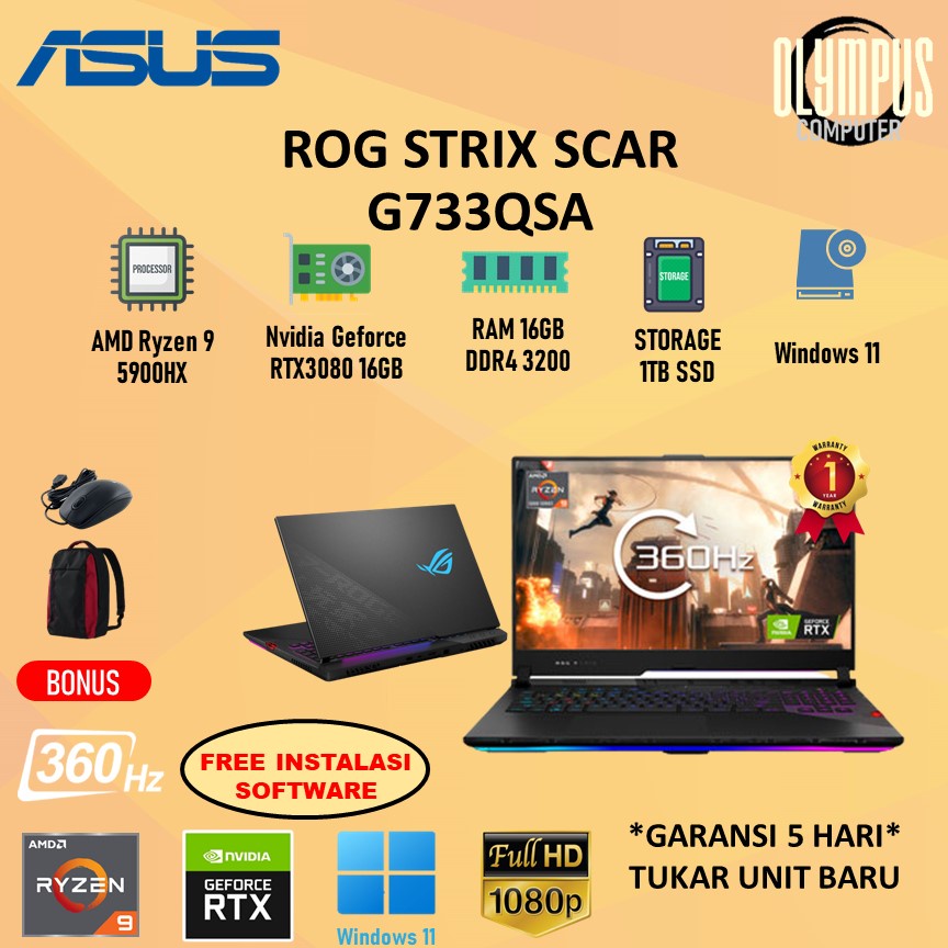 Laptop ASUS ROG G733QSA RTX3080 16GB Ryzen 9 5900 64GB 1TBSSD W11 17.3FHD IPS 360HZ