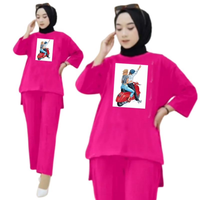 Setelan Kaos Wanita Dewasa Oversize Ld 130 cm Terbaru 2023 Viral Gambar DTF Bahan Kaos Babyterry Tangan 3/4 dan Celana Panjang One Set Wanita Dewasa Jumbo Kekinian Atasan Baju Wanita Dewasa Big Size Stelan Baju Wanita Santai Cewek Motor