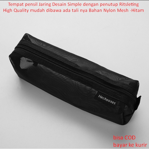 

Tempat pensil Jaring Desain Simple dengan penutup Ritsleting High Quality mudah dibawa ada tali nya Bahan Nylon Mesh -Hitam