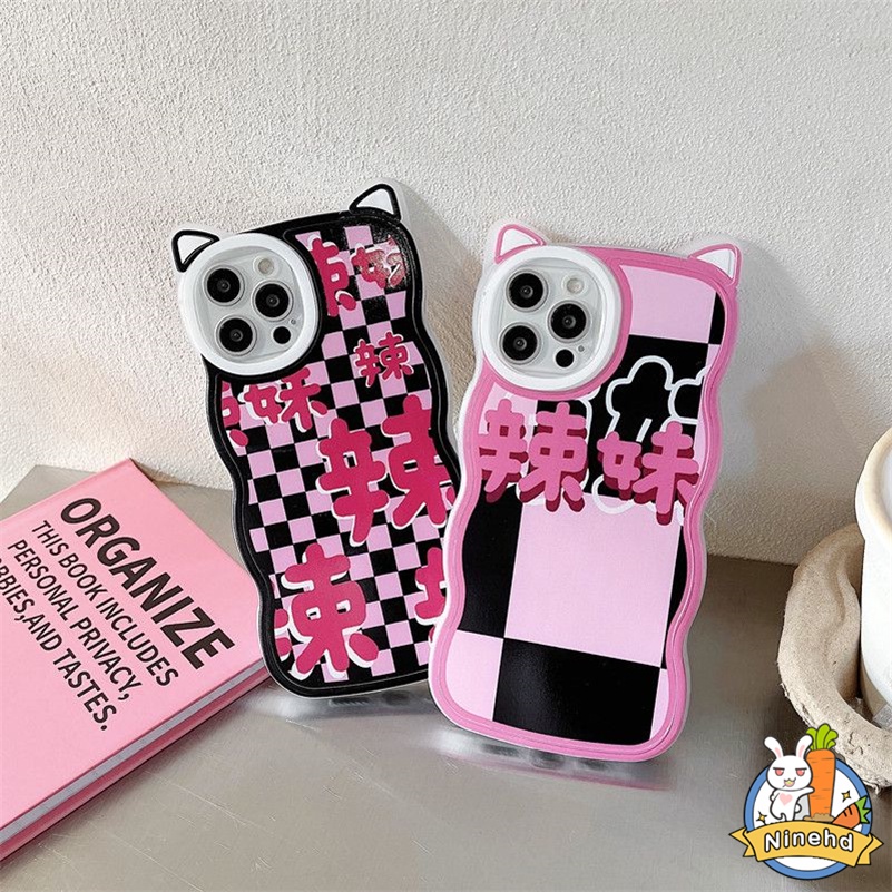 IPHONE Casing Kompatibel Untuk Iphone14 13 12 11 Pro Max X Xr Xs Max8 7 6 6s Plus SE 2020 Korea Motif Kisi Rose Pink Casing Ponsel Bumper Shockproof Silicone Soft Case Cover Pelindung