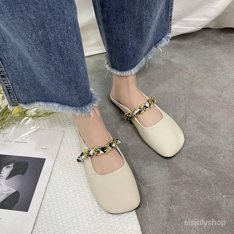 #Sisjuly# Sandal wanita baru datar bawah memakai sepatu luar mullet sepatu slip tahan setengah sanda