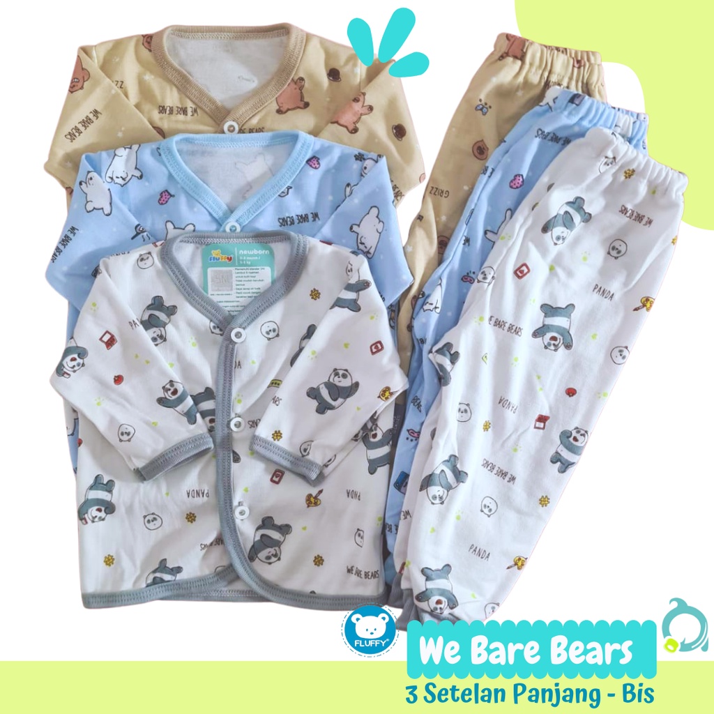 FLUFFY We Are Bare Bear / Bis 3 Setelan Panjang Pendek  ( 3 Baju 3 Celana) Baju Bayi Baru Lahir / Newborn