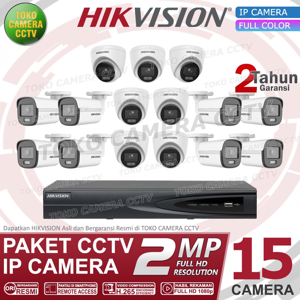 PAKET CCTV IP CAMERA HIKVISION COLORVU 2MP 16 CHANNEL 15 KAMERA