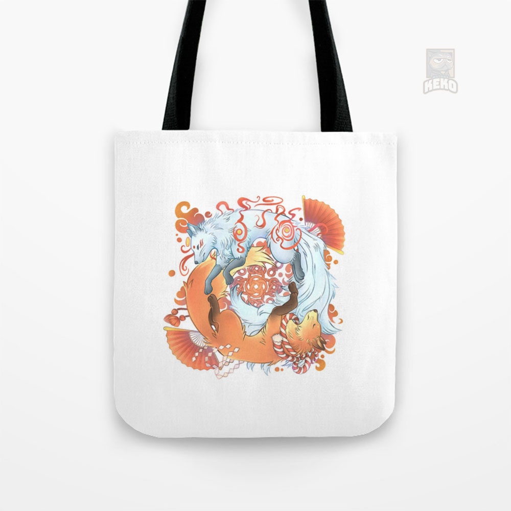 Kitsune Inari Fox Yin Yang Tote Bag Kanvas