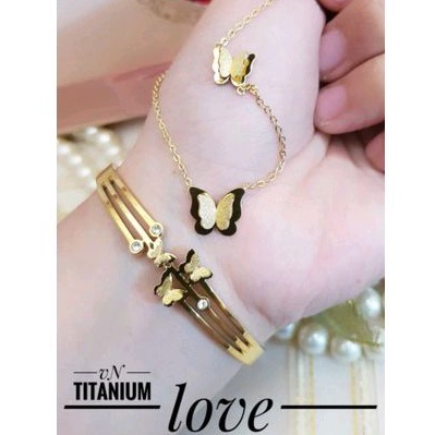 Set Perhiasan Titanium Motif Kupu-Kupu Gold Aksesoris Wanita Dewasa Terbaru Import 701ab