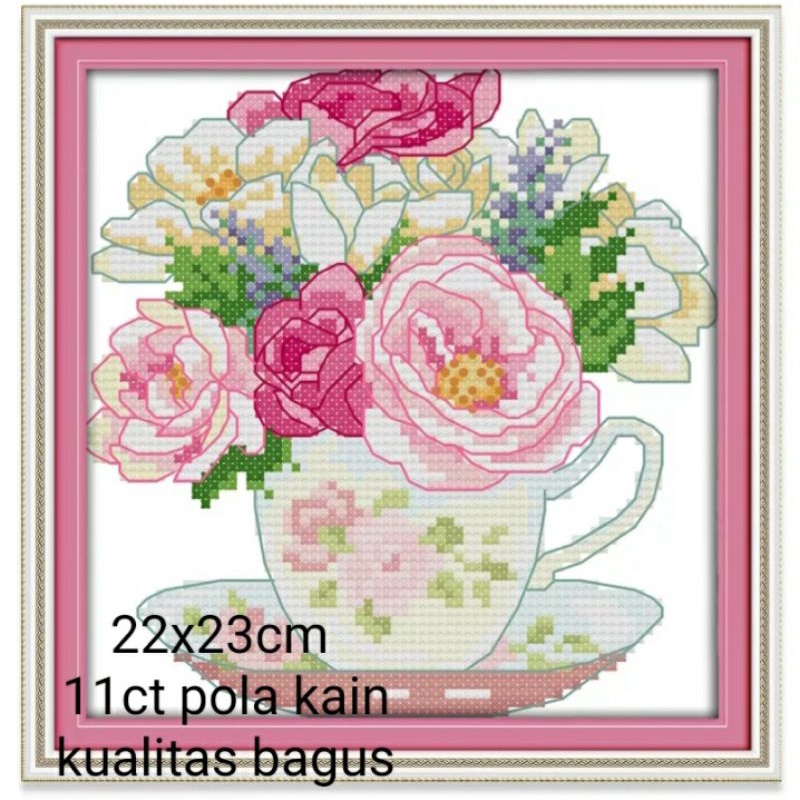 paket kristik 11ct pola kain bunga di dalam gelas