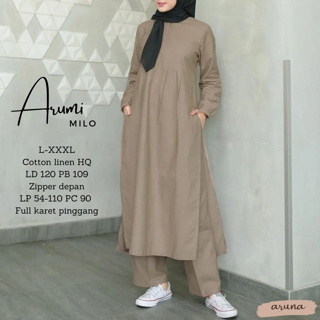 Goodsajifsn - Arumi Oneset Baju Long Tunik Jumbo Setelan Celana Kulot Bahan Linen Rami