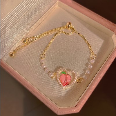 【Bayar di tempat】Gelang Tangan Rantai Wanita Desain Hati Hollow Hias Mutiara Warna Pink Peach Gaya Korea