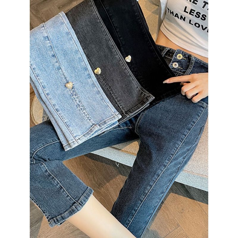 Red Musim semi dan musim gugur biru abu-abu elastis micro flared jeans wanita celah baru pinggang tinggi ramping delapan atau sembilan poin longgar versi Korea all-match