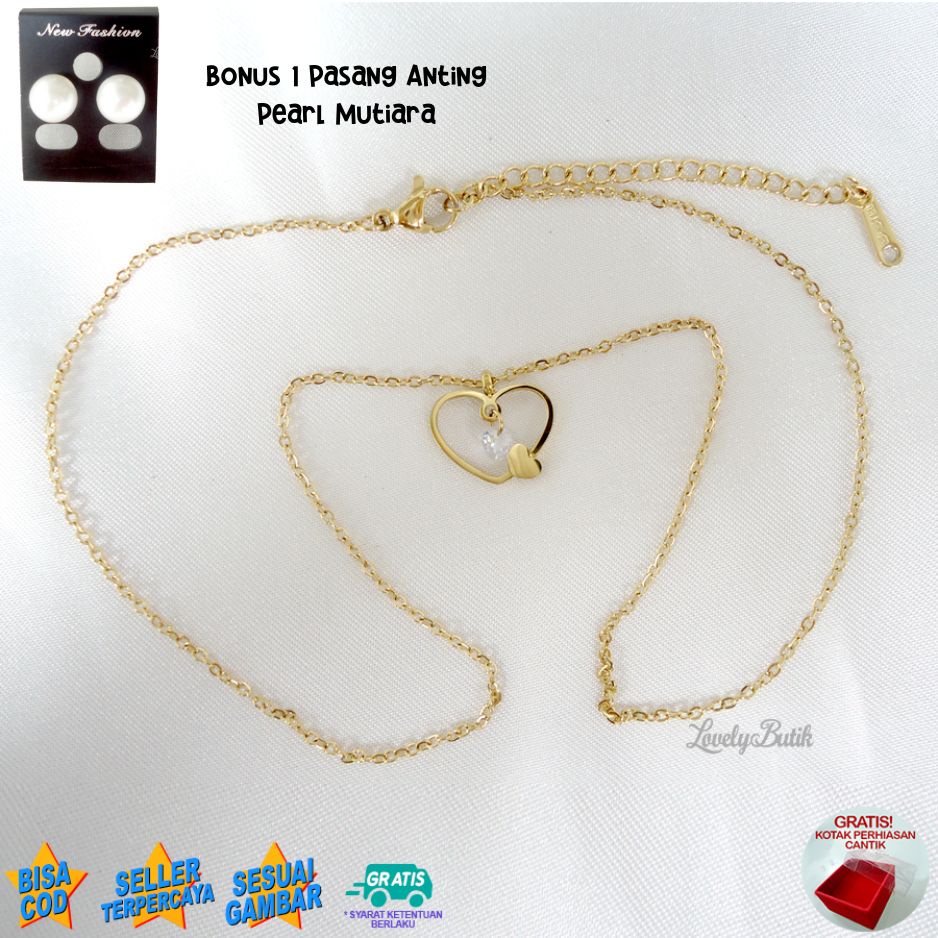 Kalung Titanium Anti karat Wanita Korea Terbaru Nitt4 Bonus Kotak Perhiasan Gratis 1 Anting Pearl Mutiara  - Lovelybutik