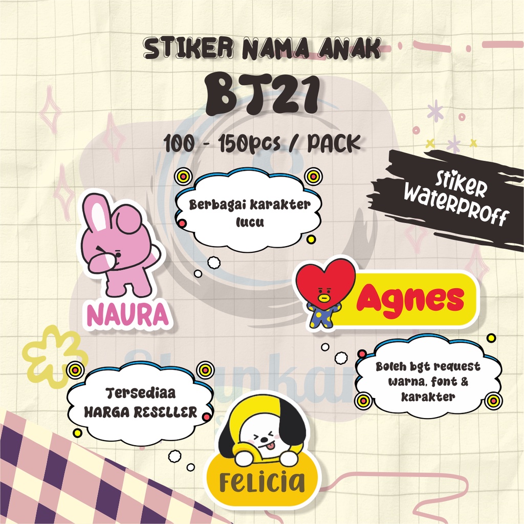 

( 100-150pcs) Stiker Nama TEMA BT21 / Stiker Nama Custom / Stiker Nama Murah