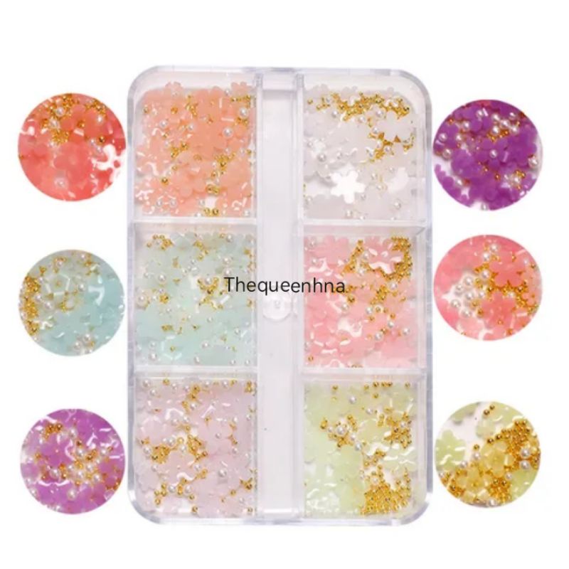 A02 1 Set 6 Sekat Berubah Warna Dengan Sinar UV Lamp Changing Color Ornamen Dekorasi Bunga Hiasan Kuku Bahan Resin Nail Art Decoration Nail Art Resin Flower