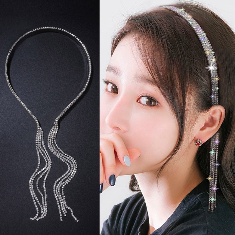 Bling Bling Berlian Imitasi Ikat Rambut Untuk Wanita Panjang Rumbai Busur Band Desainer Korea Bando Logam Pernikahan Rambut Band Aksesoris