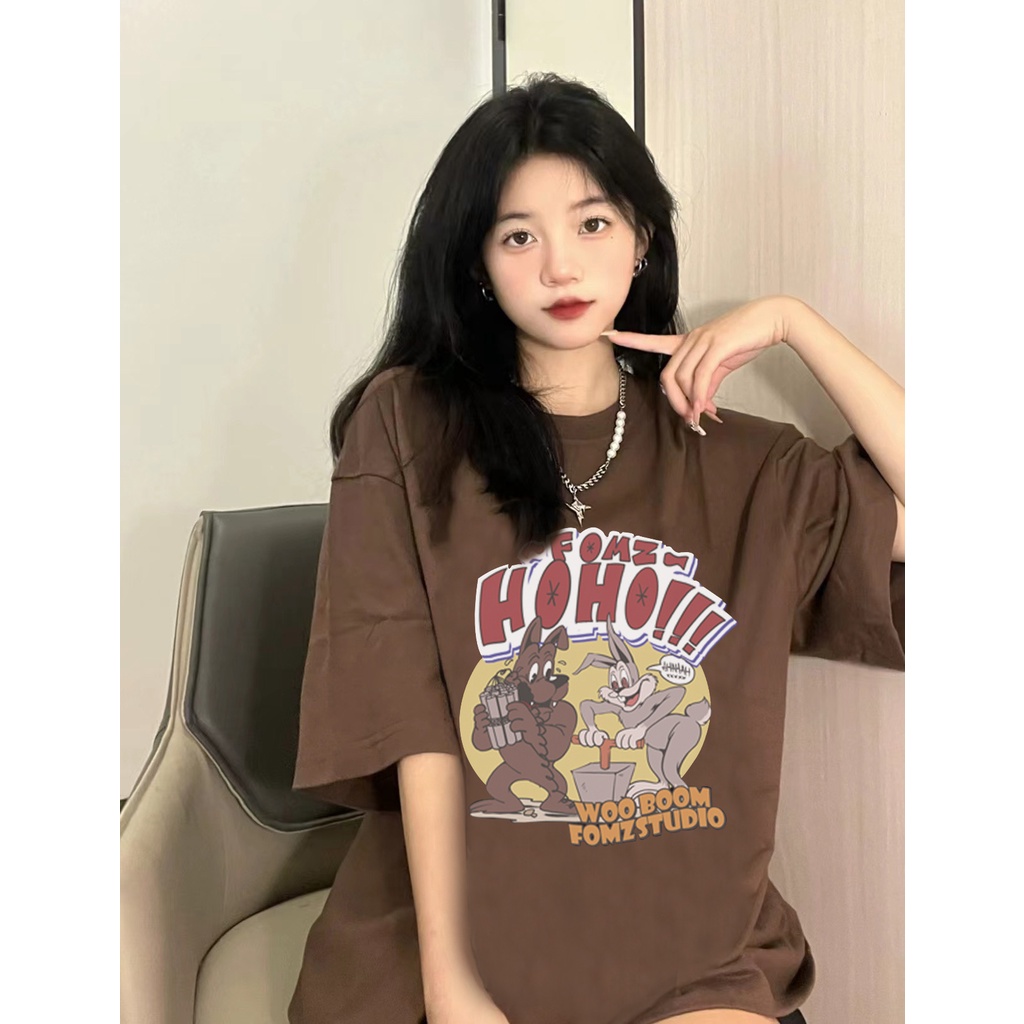 EUNII Brown T-shirt Lengan Pendek cartoon animals Printing Korean Style/Kaos Atasan Wanita/Baju Kaus Oversize Wanita/Kaos Wanita