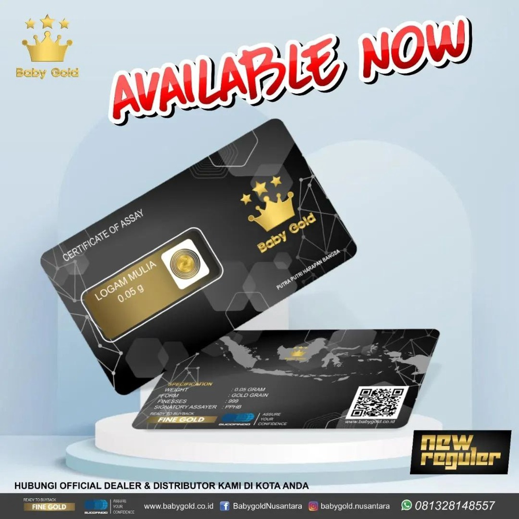 BABY GOLD Reguler Series 0.05 Gram Kemasan Laminating TERMURAH TERLARIS Emas Mini Emas Batangan Logam Mulia Murni 24 Karat Bersertifikat Resmi Asli Original Tabungan Emas Souvenir Keren Mewah