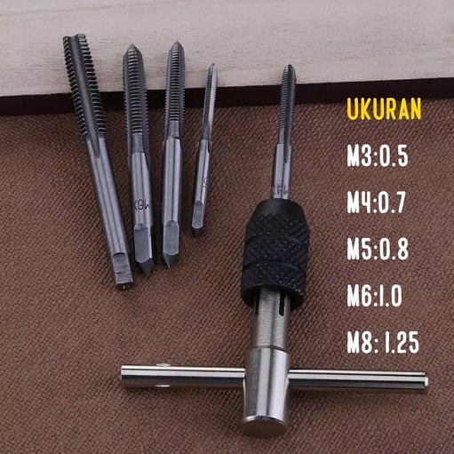 Alat Pembuat Drat Hand Tap Thread Metric Plug Tap M3-M8 T Type Tapping Drill Adjustable + 5 Screw Taps