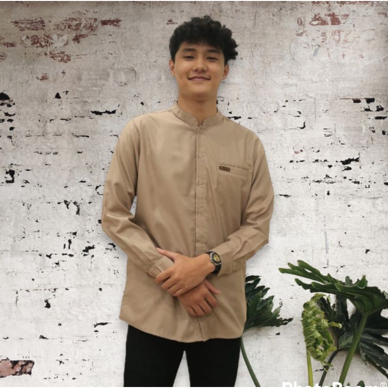 Baju Koko dewasa lengan panjang kerah Shanghai warna coklat susu