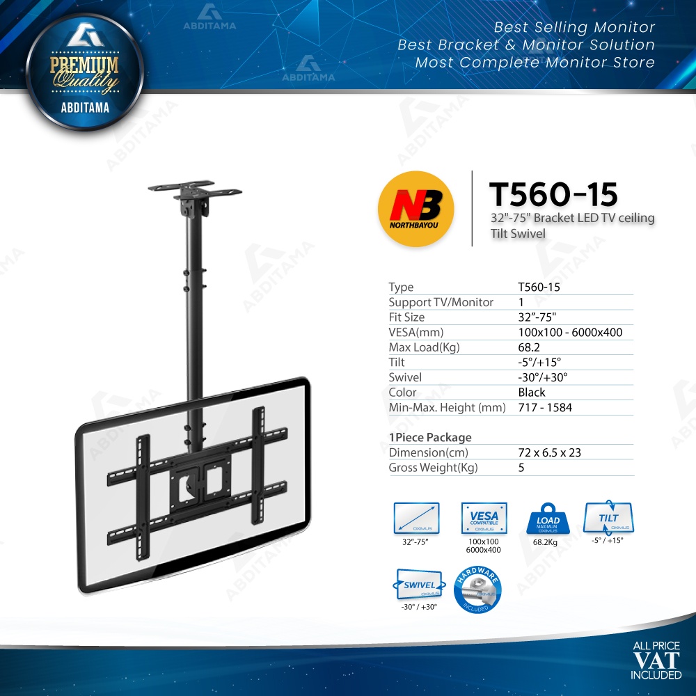 Bracket LED TV ceiling gantung plafon NBT560 32&quot;-75&quot; Tilt Swivel