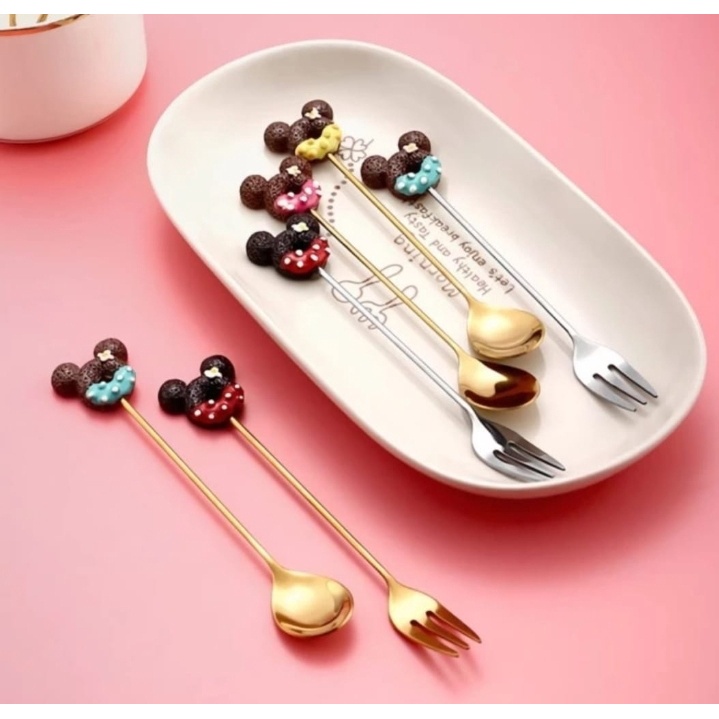 Cafe Sendok Garpu Lucu Dessert Kecil Karakter Korea Gold TeaSpoon