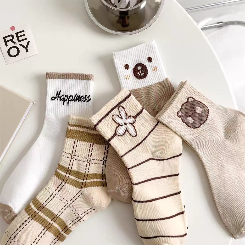 ⭐️𝐈𝐇𝐒 𝟗𝟏𝟗 𝐋𝐚𝐦𝐩𝐮𝐧𝐠⭐️Kaos Kaki Pria Wanita Panjang Setinggi Betis Corak Coklat Putih Bear Korean Style Socks