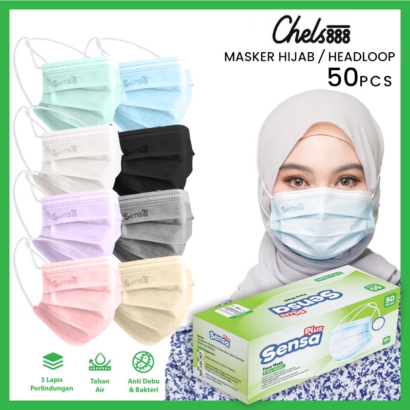 Masker SENSA PLUS hijab headloop 3ply isi 50 pcs