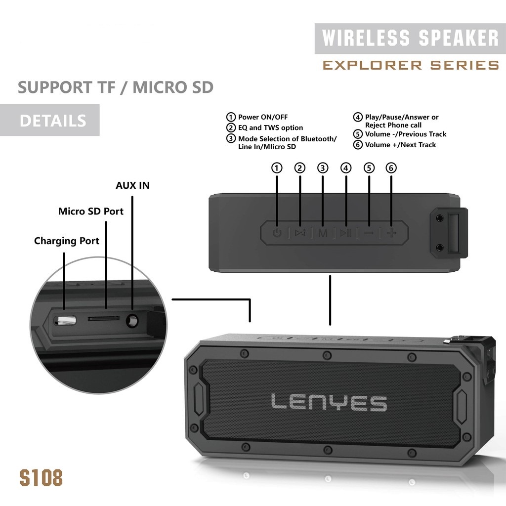 LENYES S108 40w waterproof ipx7 outdoor wireless bluetooth hifi stereo portable speaker heavy bass