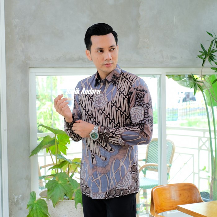 Baju Kemeja Batik Pria Slim Fit Lengan Panjang Modern Heem Premium Warna Ungu Lavender Lilac Soft