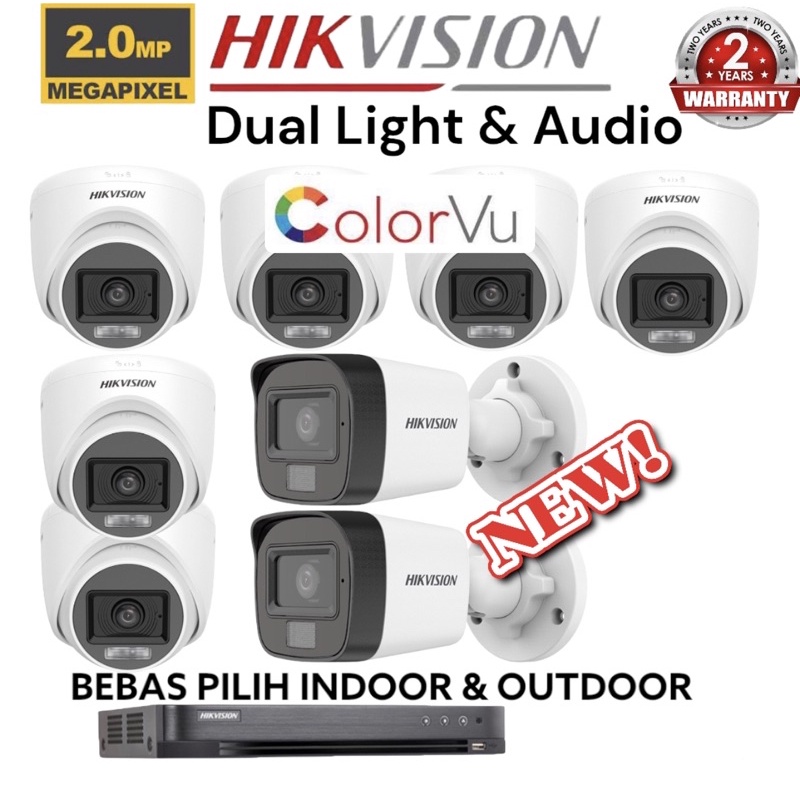 paket camera cctv 8 kamera hikvision 2mp dual light colorvu + audio 8 channel ch malam tetap berwarna colour 8ch