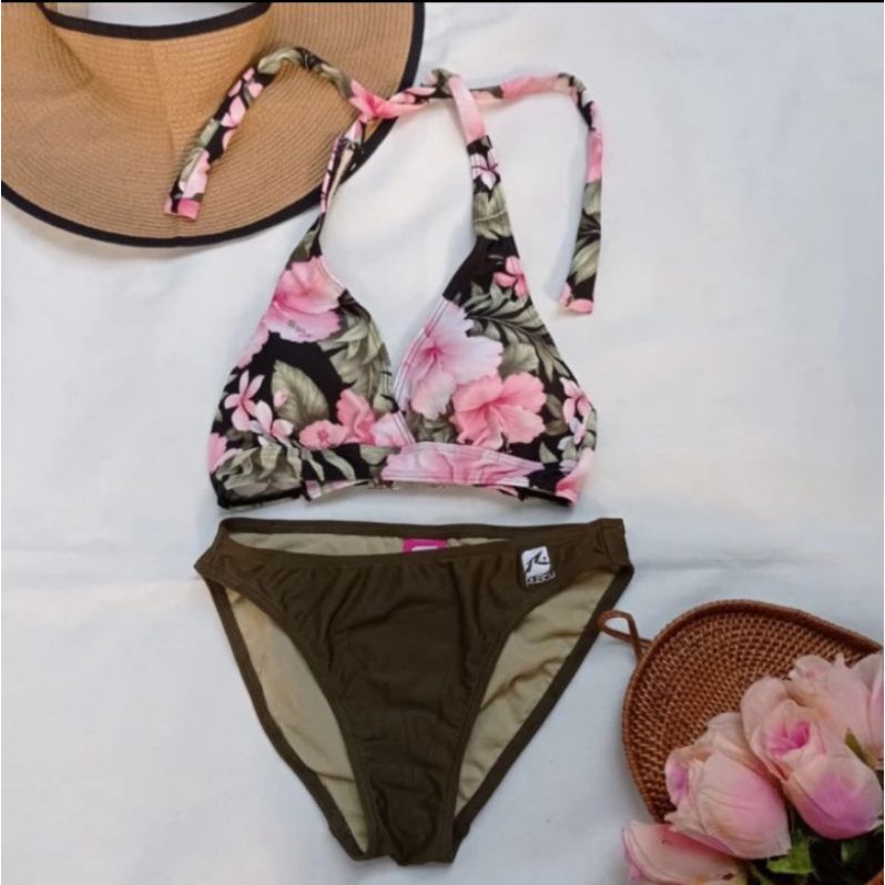 bikini swimsuit beachwear tropical flower green army