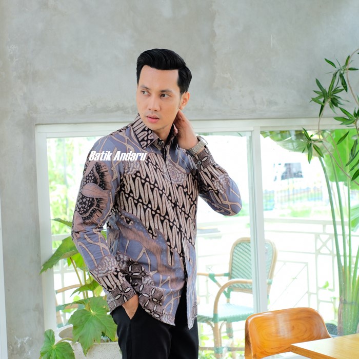 Baju Kemeja Batik Pria Slim Fit Lengan Panjang Modern Heem Premium Warna Ungu Lavender Lilac Soft