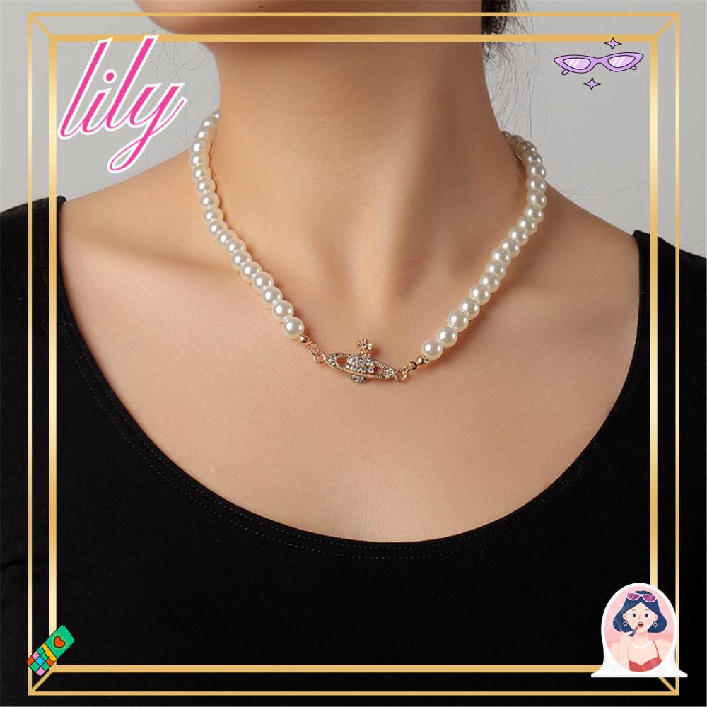 Lily Choker Putih Mutiara Imitasi Elegan Liontin Planet