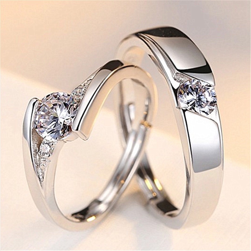 2 Pcs/Set925 Sterling Perak Adjustable Pasangan Cincin Berlian Fashion Wanita Perhiasan Cincin Couple Rings