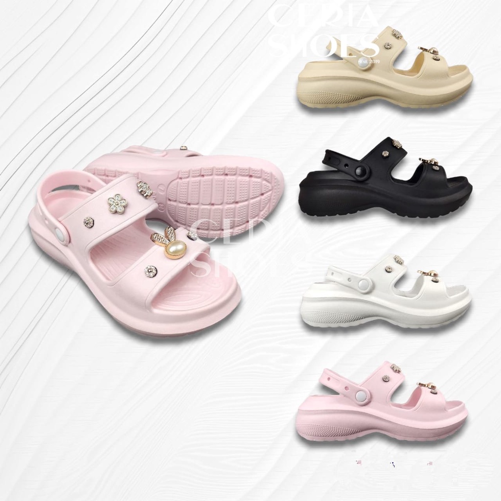 EVA Sandal Slop Wanita Karet Spons Import Ringan Empuk Elastis Hak Tinggi 5 Cm Model Tali Belakang Accesoris Jibbitz Gold Rabbit HM