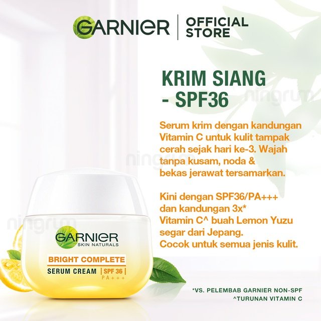 Ningrum - Garnier Bright Complete Vitamin C Serum Day Cream SPF 36/PA+++ 20/50 ml | Krim Pagi Siang Kuning Yuzu Mousturizer Vit C Skincare Pelembab Wajah Original BPOM - 8309