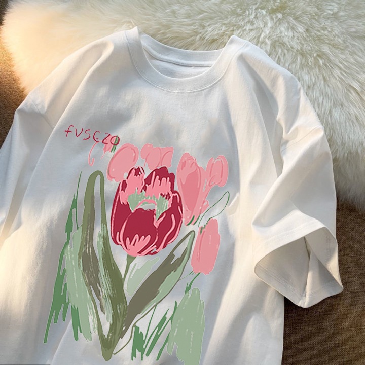 RDGF official shop bunga mawar pola cetak Korean style crewneck oversize baju atasan wanita warna hitam kaos wanita terbaru