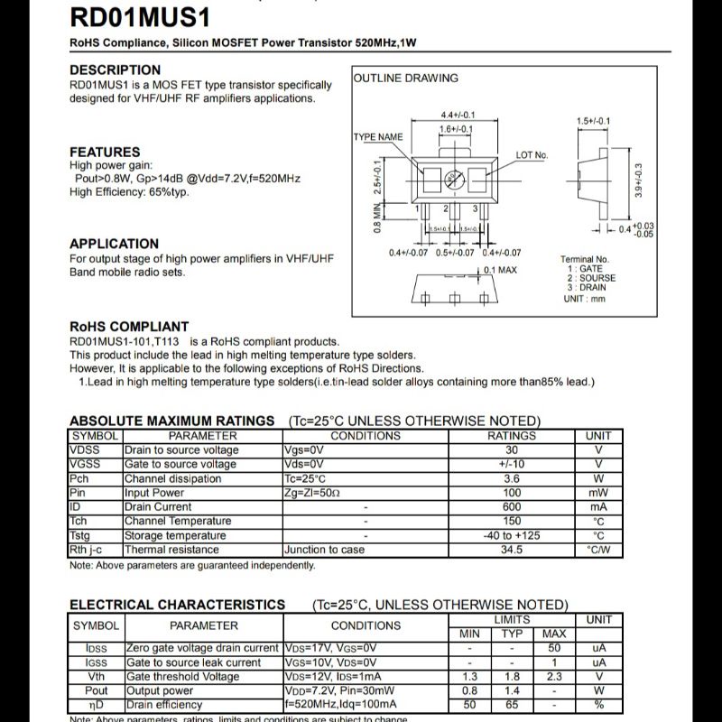 RD01MUS1 mosfet power transistor 1w 520mhz vhf uhf TR123