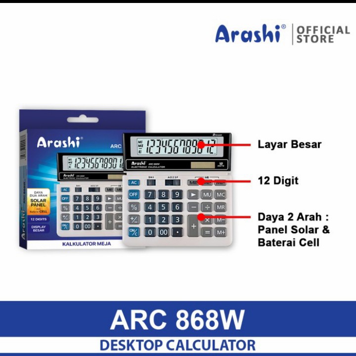 Arashi Calculator ARC 868 White/ BLACK - Kalkulator 12 Digital - Tahan - Awet