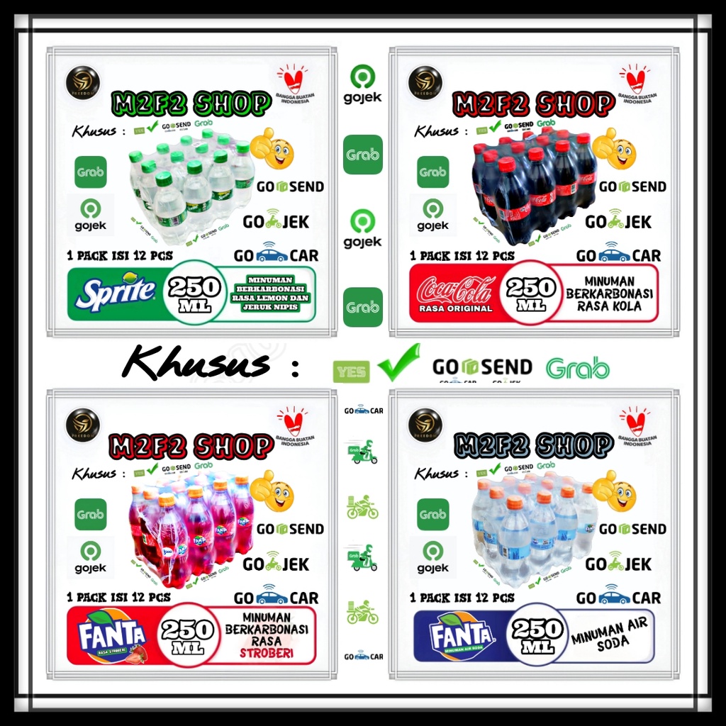 

Coca Cola | Fanta | Sprite MInuman Bersoda Botol Plastik Pet - 250 ml Kemasan Pack (Khusus Bluebird/Gojek/Grab)