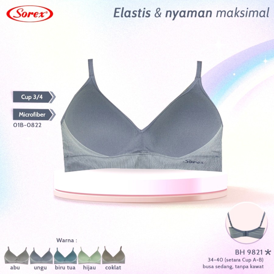 1 Pc Bra Sorex 9821 Tanpa Kawat Cup Sedang A-B Elastis Nyaman Maksimal BH Berkualitas