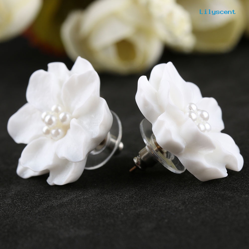 [LS] Elegan Resin Bunga Mutiara Imitasi Wanita Anting Ear Studs Perhiasan Pesta Pacaran