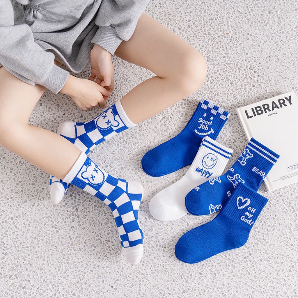 BRGUNIK Kaos Kaki Anak Motif Karakter Kaus Kaki Bayi Biru Putih Lucu KK051