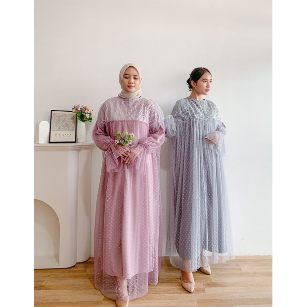 Tazkbiya Tille Dress Ld 110 Pb 135/Dress Tille Kondangan/Dress Maternity/Dress Pesta/Dress Brukat Sage/Dress Lebaran Terbaru