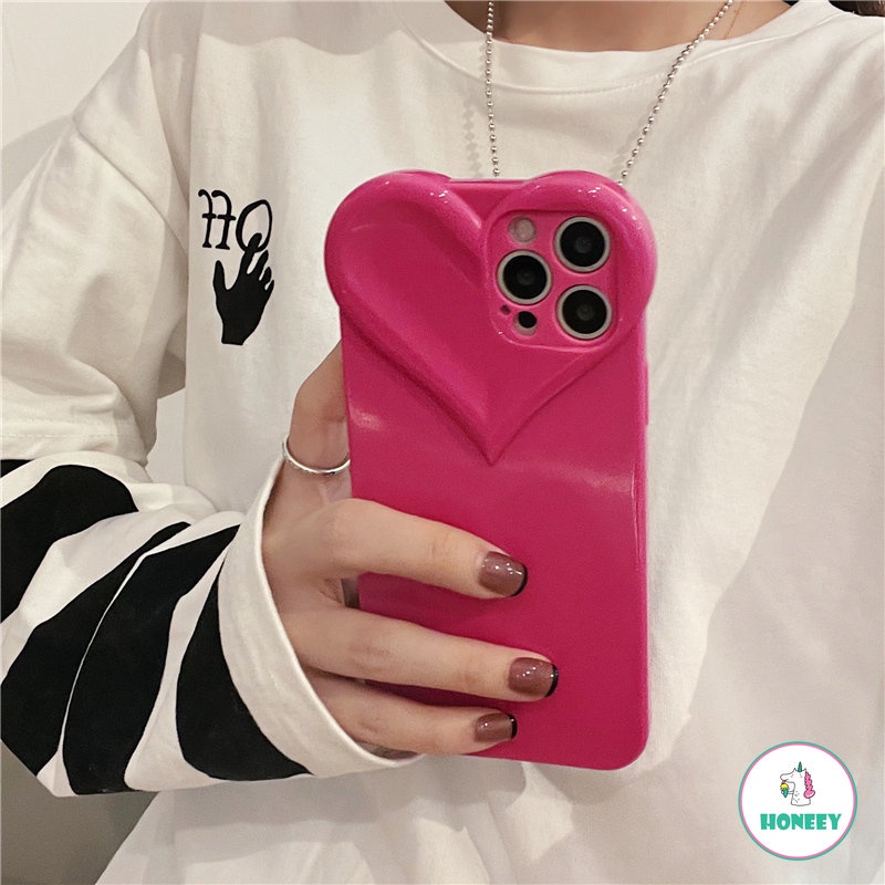 Luxury Rose Red 3D Love Heart Shape Phone Case Kompatibel Untuk IPhone 14 13 12 11 Pro Max Sarung Handphone Belakang TPU Lembut Menyerap Guncangan