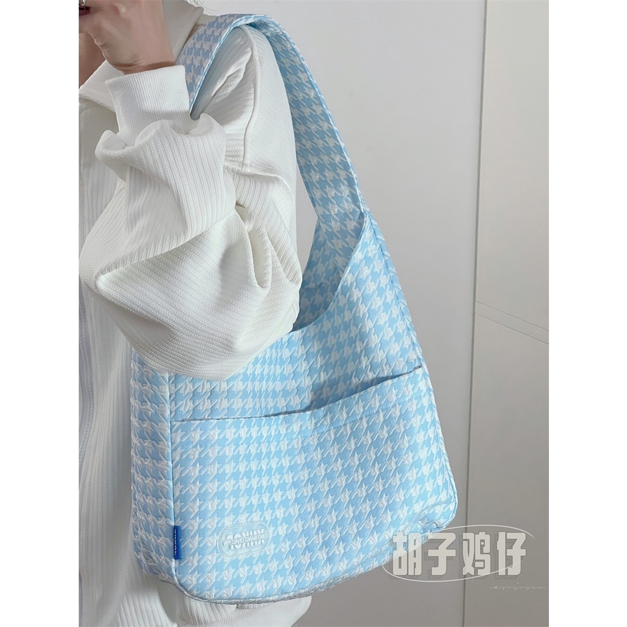 ☽▧Sera Versi Korea dari Houndstooth Tote Bag Wanita Kapasitas Besar Tas Wanita Commuter Tas Gelembung Grid Gadis Pelajar kelas Tas Bahu