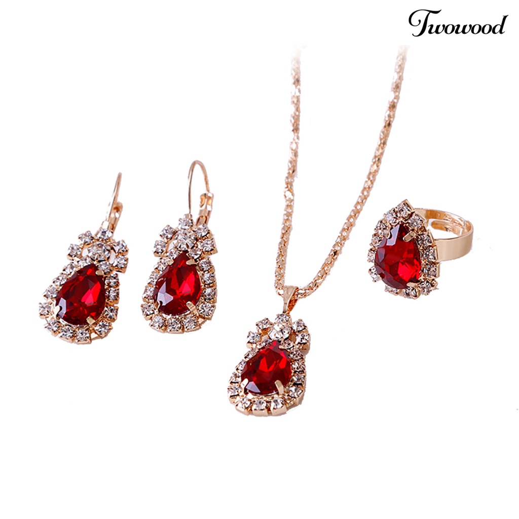 Twowood Set Perhiasan Eye-catching Mudah Senada Wanita Tetesan Air Berlian Imitasi Mengkilap Kalung Cincin Anting Untuk Pesta