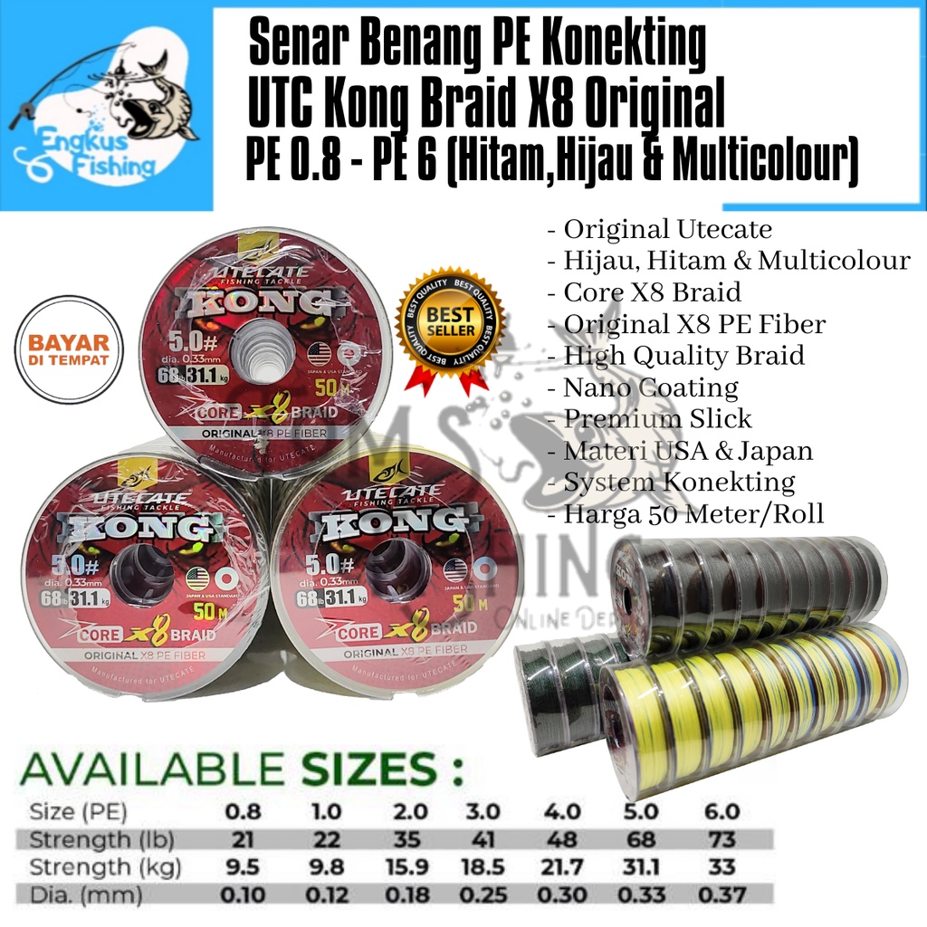 Senar Benang PE UTC Kong Braid X8 Braid (PE 0.8 - PE 6) 50M/Roll Konekting Super Strong - Engkus Fishing