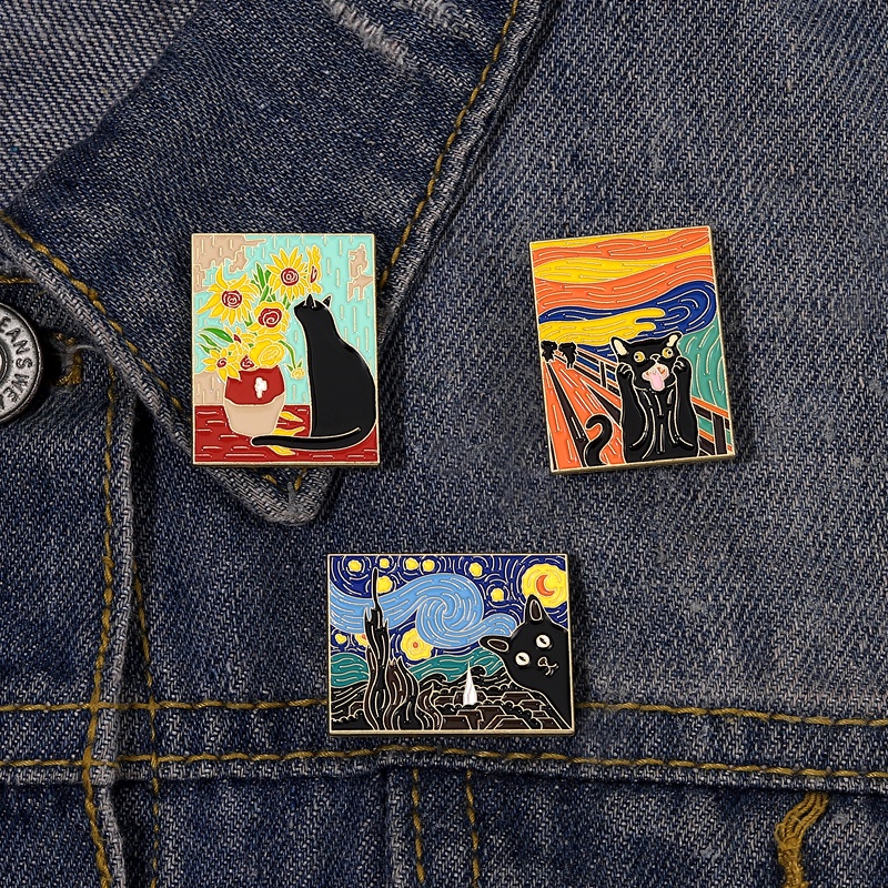 Kucing Dalam Lukisan Minyak Enamel Pin Lucu Kucing Hitam Bunga Matahari Bros Logam Lencana Kerah Pin Kartun Hewan Artistik Perhiasan Hadiah Untuk Anak-Anak Teman