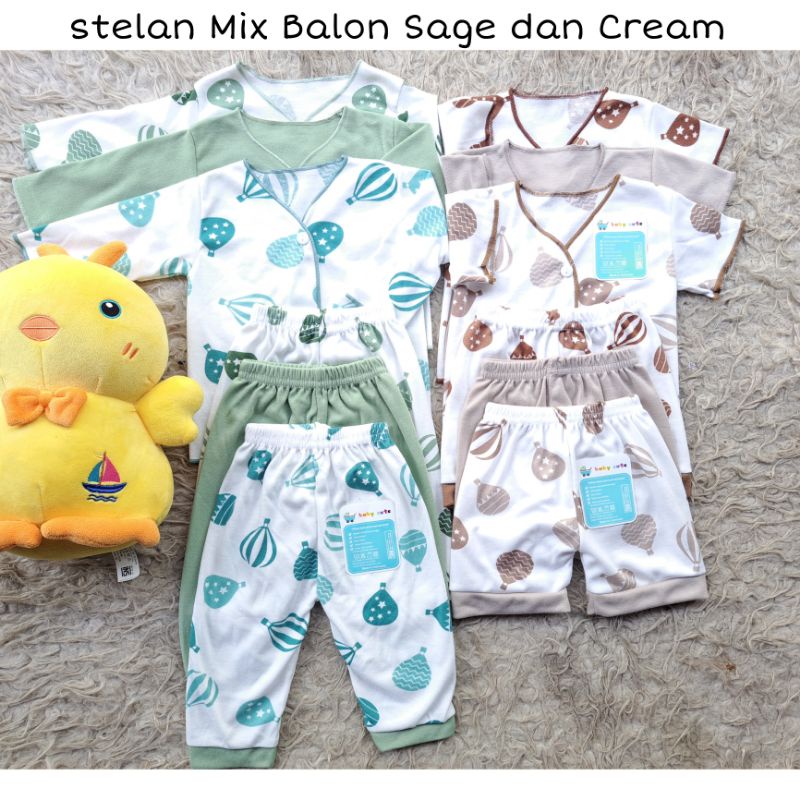 Setelan Mix Baju Celana Bayi Lengan Pendek dan Panjang 6 stel SNI Balon Mix Cream dan Sage promo 9.9