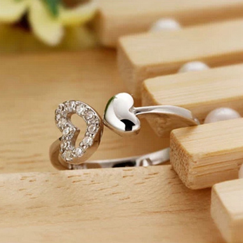 Cincin Hati Ganda Untuk Wanita Pembukaan Dapat Disesuaikan Berlian Imitasi Simple Ring